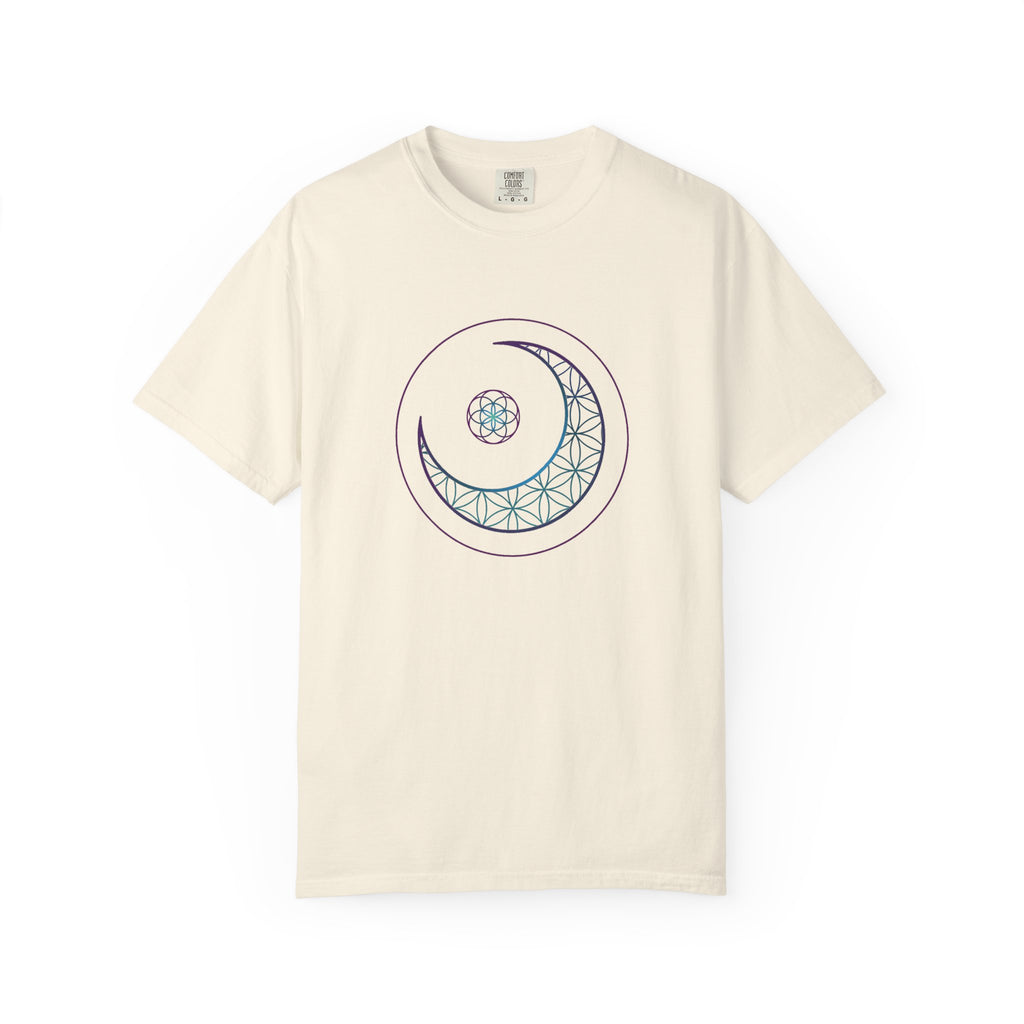 Moon Geometry T-Shirt - Crescent & Flower of Life Graphic