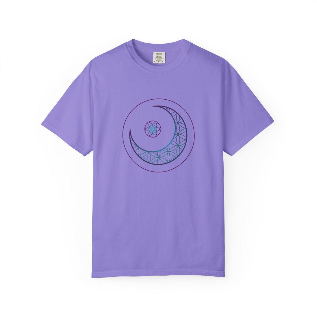 Moon Geometry T-Shirt - Crescent & Flower of Life Graphic