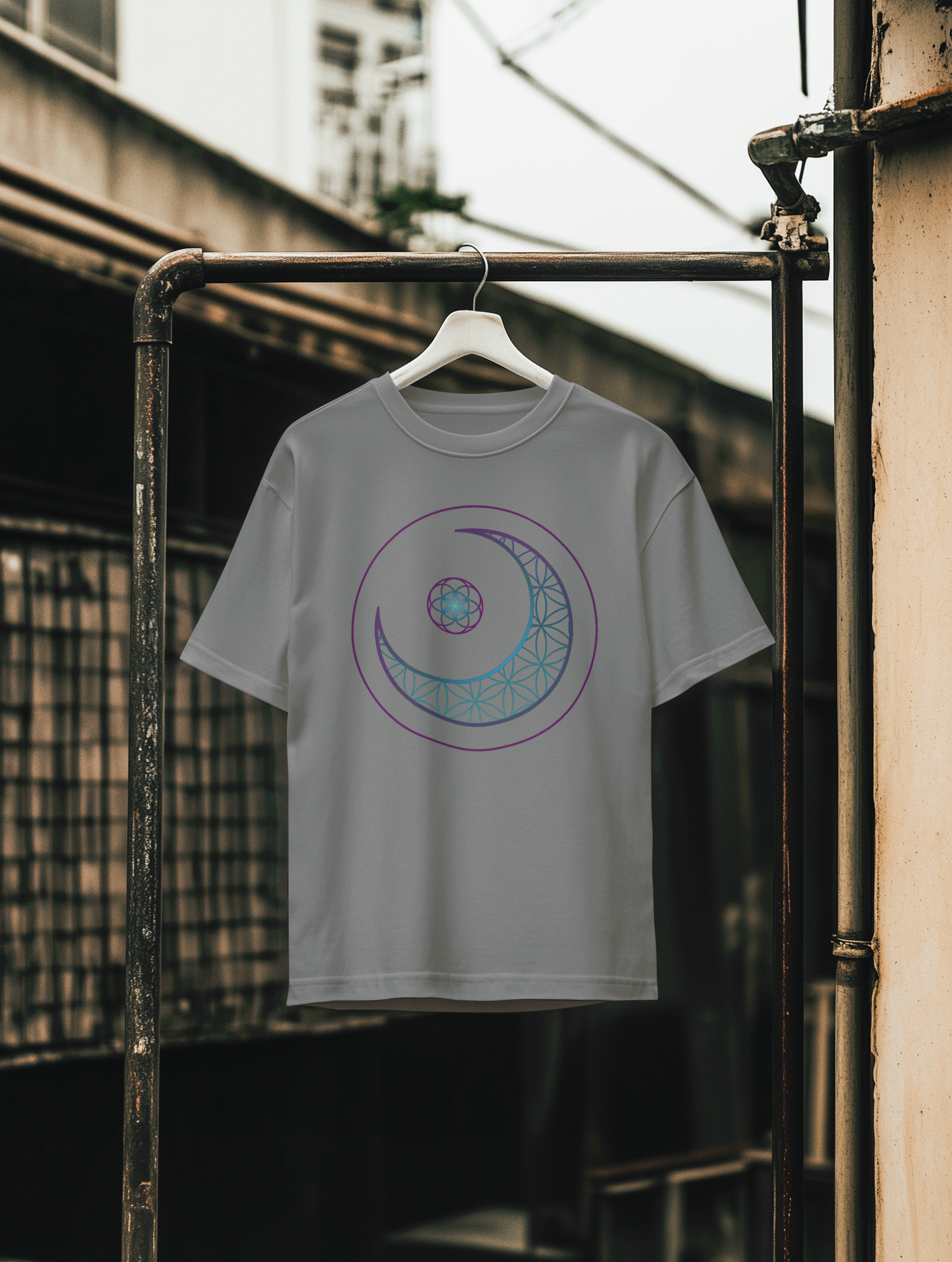 Moon Geometry T-Shirt - Crescent & Flower of Life Graphic